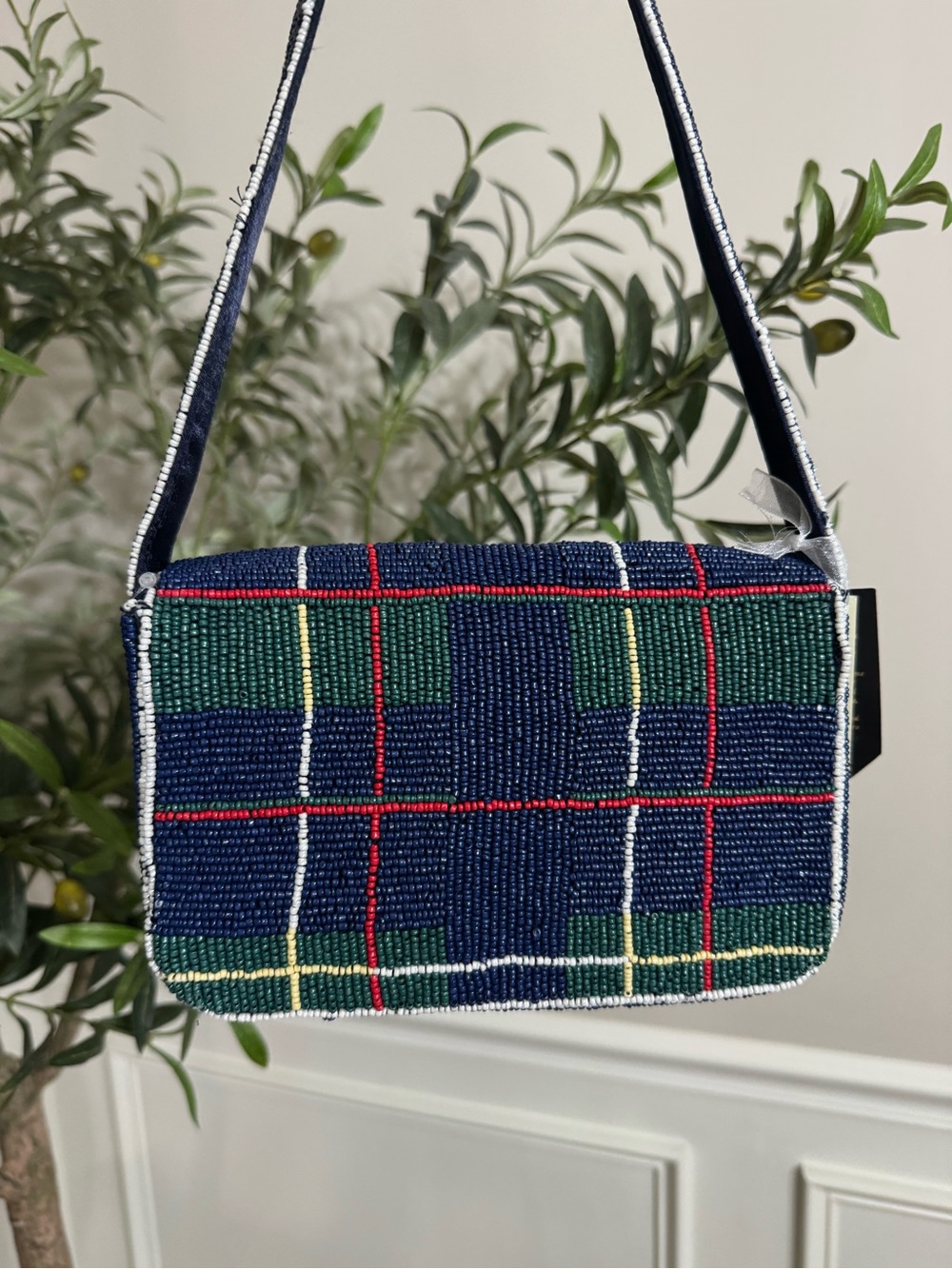 MADE IN INDIA beaded plaid teddy bear flap shoulder bag - Picture 3 of 7